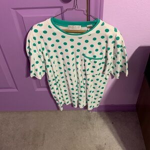 Green and white polka dot top